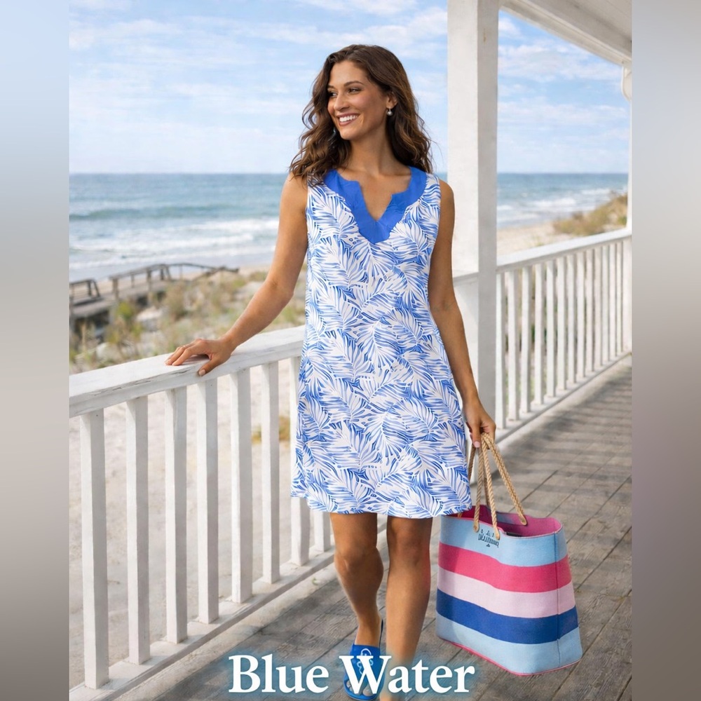 Blue Water, Palm Print Coastal Shift Dress Vacation Cruise Sleeveless Tropical M
